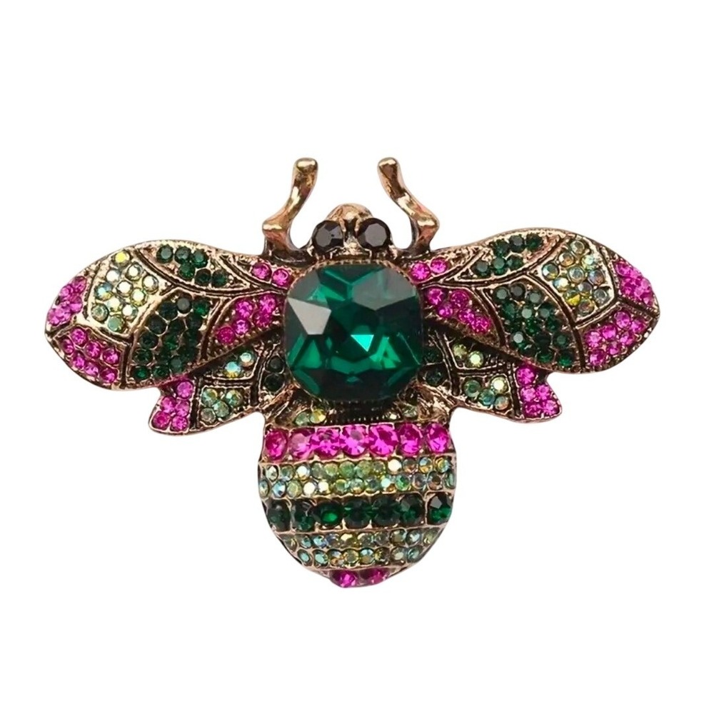 Vintage Style Emerald Green Rhinestone Bee Brooch Pin Pink‎ Green Gold Tone